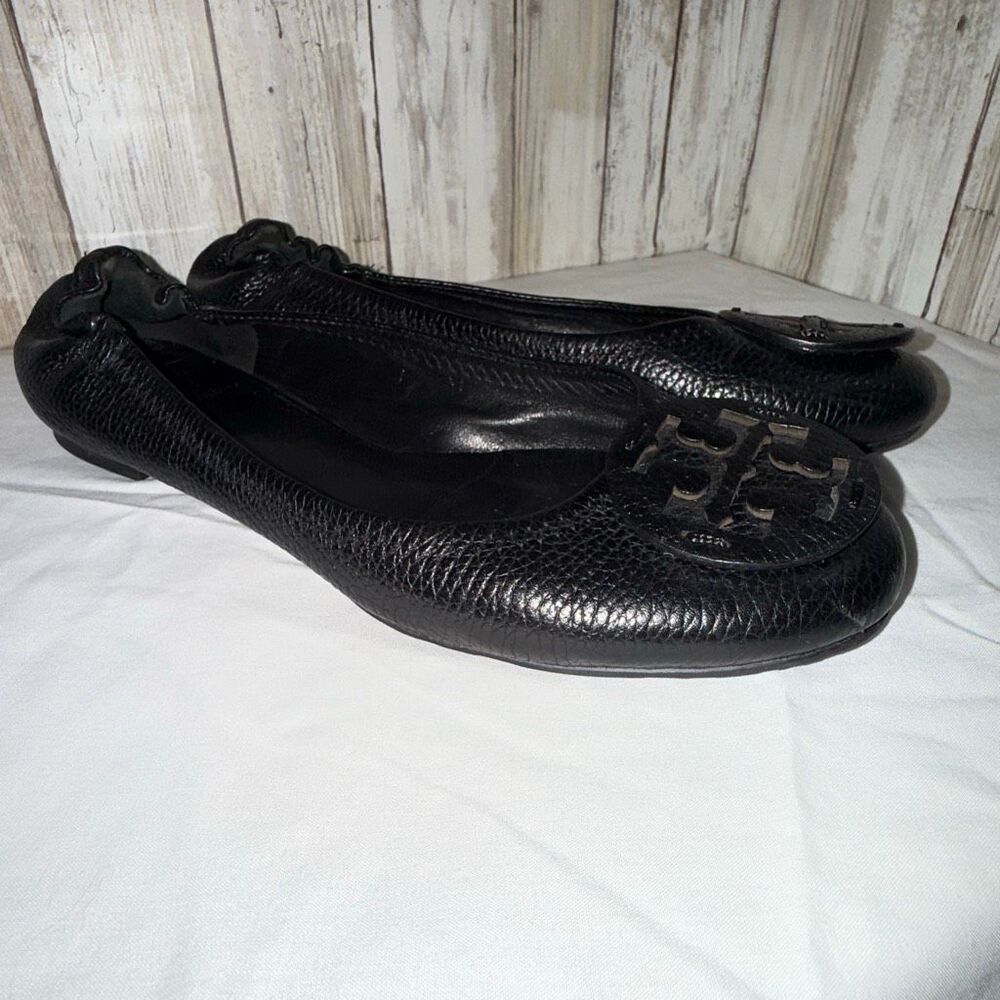 Tory Burch Black Leather Logo Ballet Flats | Classic Round Toe Slip-On Shoes Siz